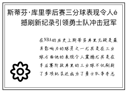 斯蒂芬·库里季后赛三分球表现令人震撼刷新纪录引领勇士队冲击冠军