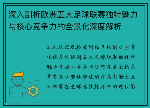深入剖析欧洲五大足球联赛独特魅力与核心竞争力的全景化深度解析