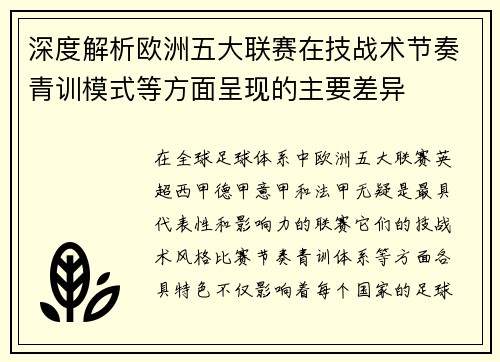 深度解析欧洲五大联赛在技战术节奏青训模式等方面呈现的主要差异
