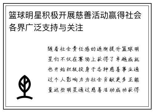 篮球明星积极开展慈善活动赢得社会各界广泛支持与关注
