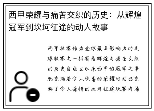 西甲荣耀与痛苦交织的历史：从辉煌冠军到坎坷征途的动人故事